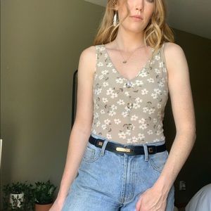 Taupe Green Floral Button Down Crop Tank